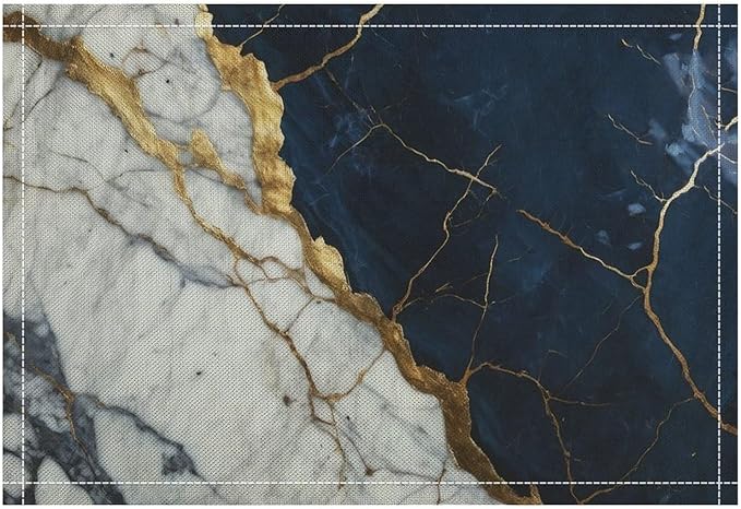 Marble Linen Placemats Set of 4, Modern Abstract Foil Texture White Navy Blue Gold Marble Washable Place Mats, Non Slip Placemat for Home Party Dining Tables Wedding Kitchen Banquets Decor 12x17 Inch