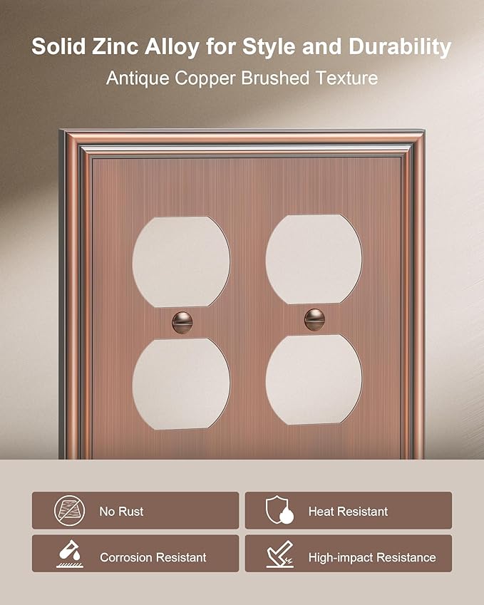 2-Pack Double Duplex Outlet Cover, Antique Copper Switch Plates and Outlet Covers for Electrical Outlets, Durable Zinc Alloy Wall Plates, 2 Gang Receptacle Cover, Corrosion Resistant