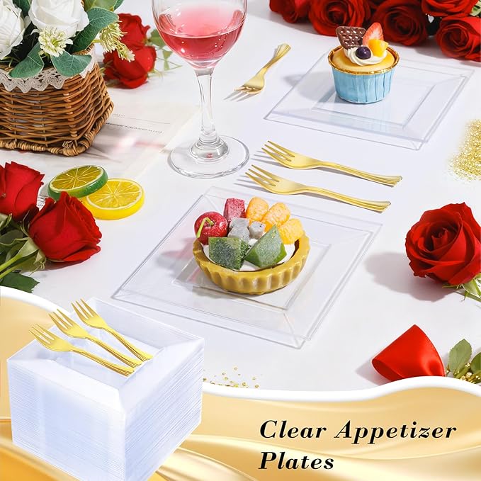 200pcs Square Dessert Plates Includ 100pcs 6inch Appetizer Plates,100pcs 5inch Plastic Forks,Clear Dessert Plates Disposable Appetizer Plates Serve 100 Guests For Wedding Party&Valentine's Day