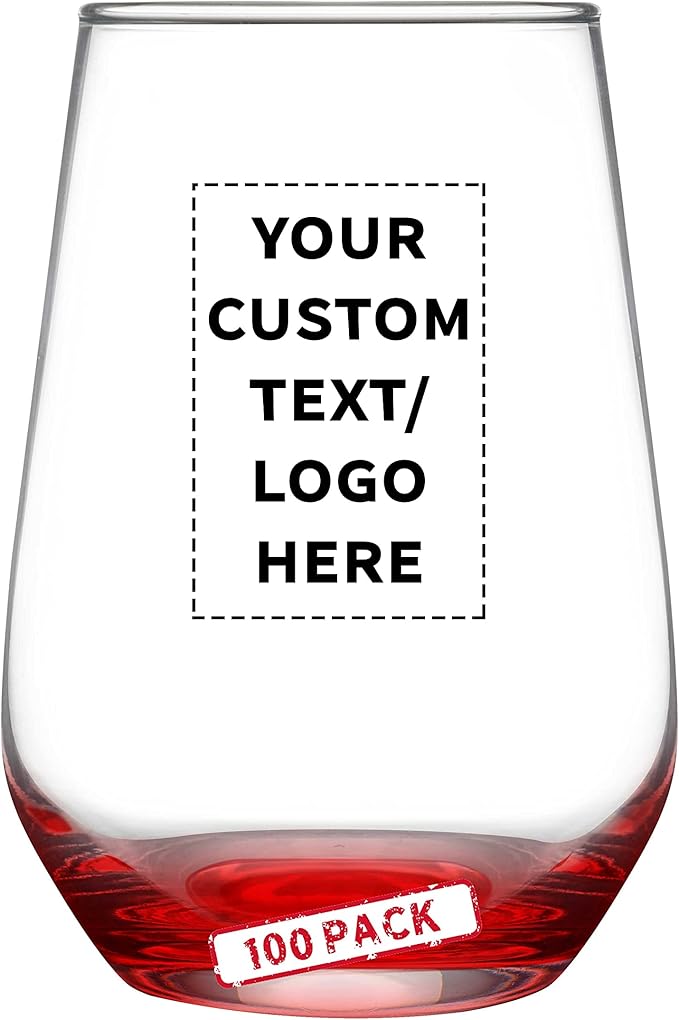 DISCOUNT PROMOS 100 Vaso Silicia Stemless Wine Glasses Set, 16 oz. - Personalized Text, Logo - Clear, Orb-Like, Thick base - Red