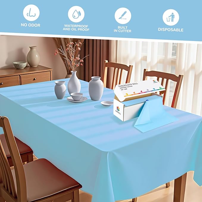 54 Inch X 200 Feet Plastic Table Cover Roll with Convenient Slide Cutter, Disposable Plastic Table Cloth Roll with Cut-to-Size Design for Weddings, Banquets, Parties (Light Blue)