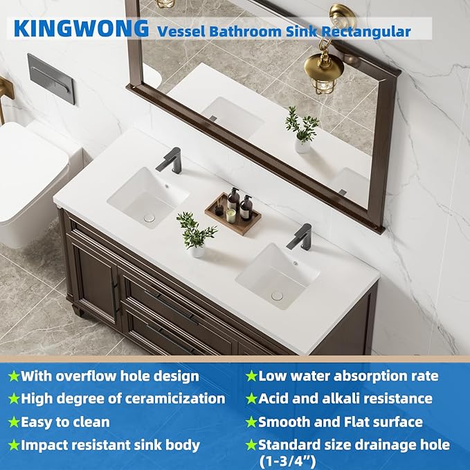 14 Inch Small Square White Undermount Bathroom Sink 13.75" x 13.75" Vanity Under Counter Basin Rectangle Vessel Sink Opening Size 11.5" x 11.5" Lavamanos Para Baños KINGWONG