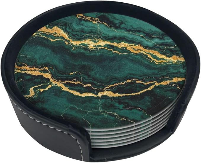 Drink Coasters with Holder Stand Set of 6, Emerald Green Gold Marble Pu Leather - Image 6