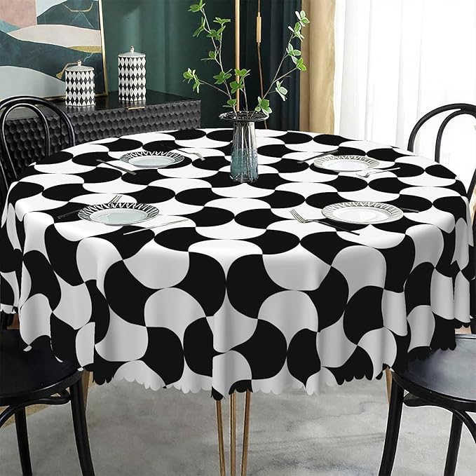 Laeacco 48 Inch Geometric Round Tablecloth Black and White Abstract Pattern Modern Art Print Table Cloth Washable Waterproof Wrinkle Free Table Cover for Kitchen Dining Picnic Party Decoration
