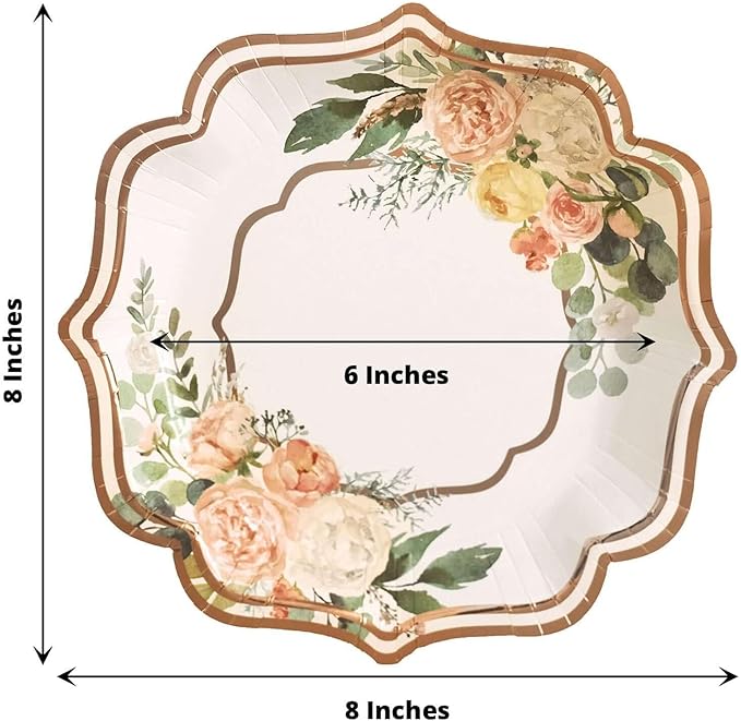 50 Pack 8" White/Rose Gold Floral Print Scallop Rim Dessert Plates, Disposable Round Paper Appetizer Salad Plates 300 GSM for Party Decoration
