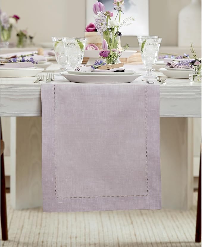 Solino Home 100% Pure Linen Dining Table Runner Lilac Hemstitch, 14 x 90 in | by SolinoHome