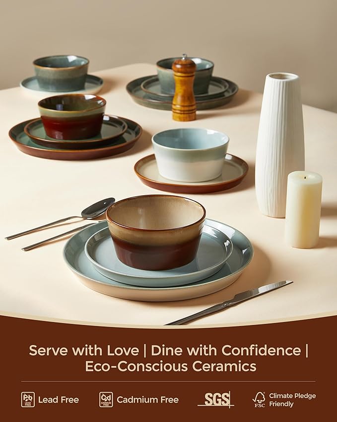 Dinnerware Set for 6, Ceramic Dish Sets, Plate and Bowl Set, Microwave & Dishwasher Safe Dishware Set, Chip & Scratch Resistant Dinner Set, Each Piece Unique, Amber Brown