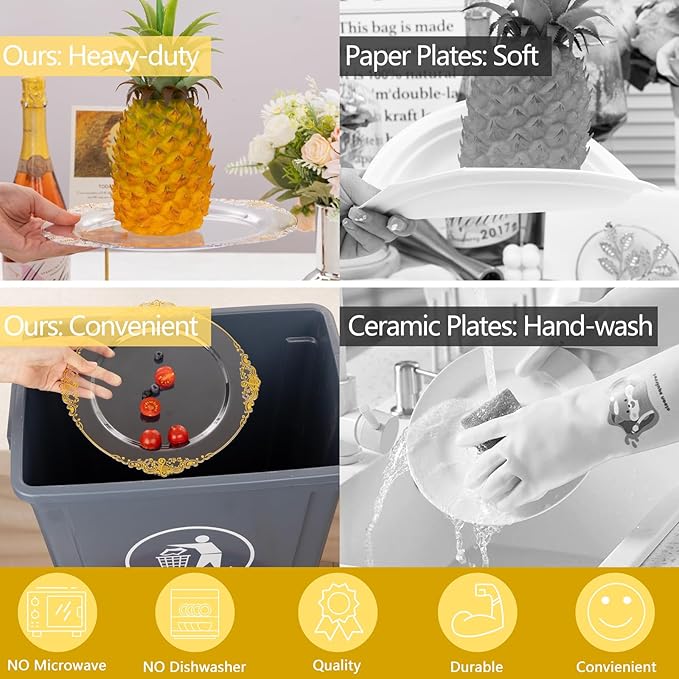 Hioasis 350pcs Clear and Gold Plates - Clear Party Plates for 50 Guest, Include 100 Heavy-duty Plates(20% Thicker Than Standard), 50 Pre Rolled Gold Plastic Silverware Set, 50 Cups