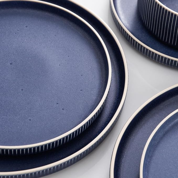 Dinnerware Set Service for 8, 24-Piece Ceramic Plates and Bowls Set, Chip & Scratch Resistant, Microwave and Dishwasher Safe, Modern Minimalist Tableware for Everyday Use, Matte Blue