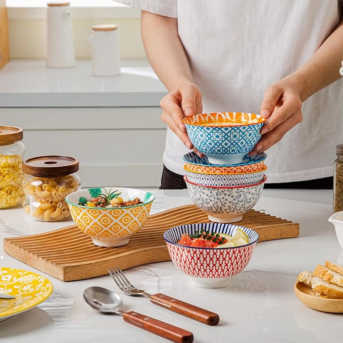 Ceramic Dessert Bowls Set - Small 12 Oz Cereal Bowls - 4.75 Inch Ice Cream Bowls for Fruit, Snack, Side Dishes, Dipping Sauce - Microwave Dishwasher Safe - Set of 6 - Assorted Colors