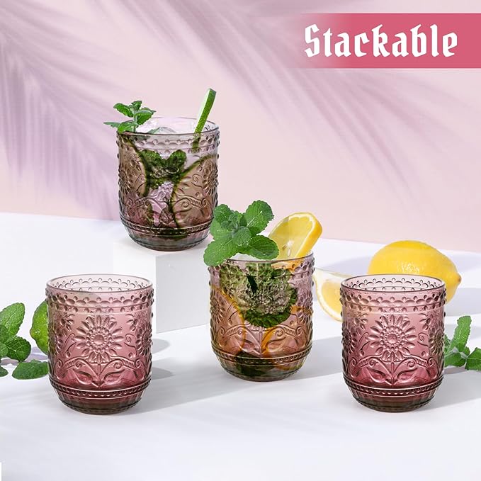 Topsky Vintage Drinking Glass Set of 4,12 oz Embossed Floral Drinkware Set,Pink Purple Drinking Glasses Cups Wine Glasses Colored Glassware for Whisky,Beer,Juice,Cocktail,Heavy Duty