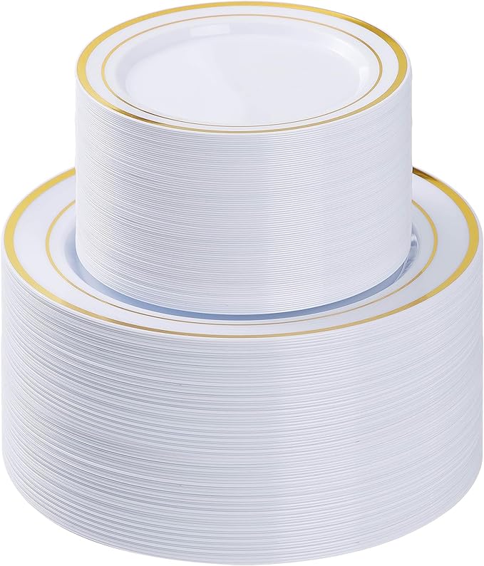 BESTVIP 200PCS Gold Plastic Plate, Disposable Party Plates with 100 Dinner Plates and 100 Dessert Plates, Plastic Plates for Party, Wedding and Birthday