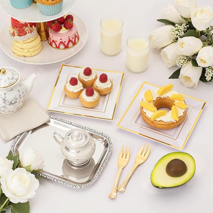 WDF 200PCS Gold Plastic Dessert Plates with Plastic Forks -6” 100 Square Disposable Appetizer Plates Small Plate Cake Plate &100 Gold Small Appetizer Forks for Daily Using Thanksgiving