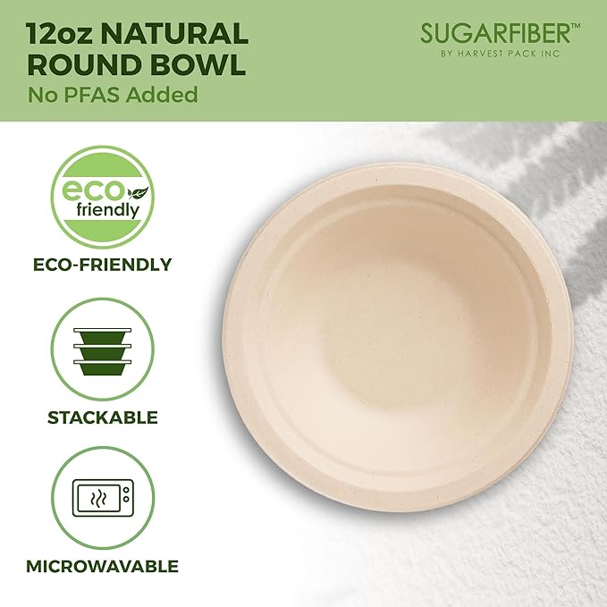 [50 Count] Harvest Pack PFAS Free 12oz Round Paper Bowls - Compostable Heavy-Duty Eco-Friendly Disposable Bagasse Bowls Sugarcane Natural Plant fibers for Meal Prep Takeout Dinnerware
