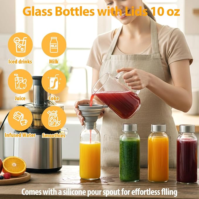 Sursip 10 oz Glass Juice Bottles, 6 Pack, Leakproof Stainless Lids | Reusable - Image 6