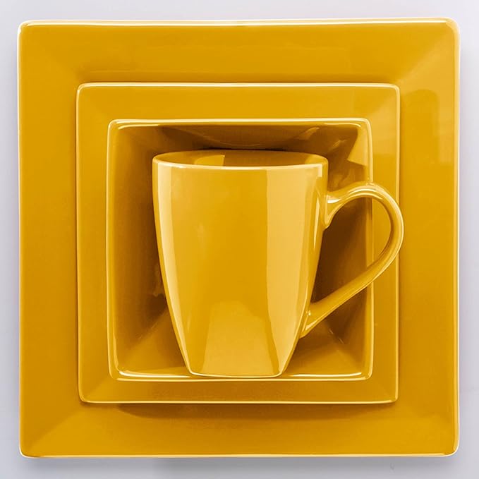 Montgomery Ward 16-Piece Sleek Golden Honey Square Dinnerware Set for 4 - Modern Stoneware Plates and Bowls Set (Golden Honey)