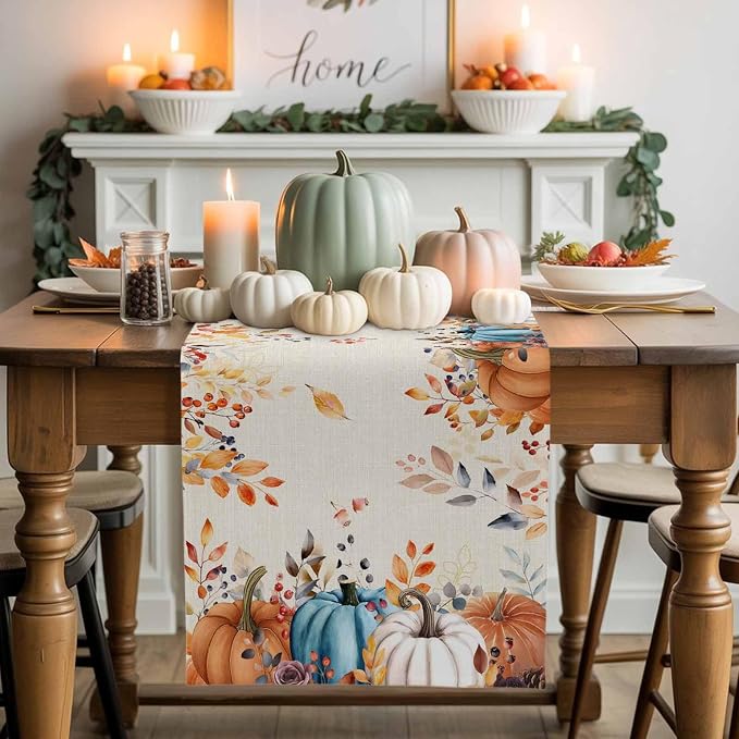 Orange Blue Pumpkin Fall Table Runner 70 Inches Long, Thanksgiving Eucalyptus - Image 2