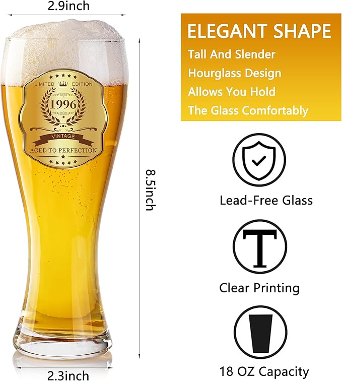 30th Birthday Beer Glasses Gifts, Personalized '1996' Vintage Glass Ware Set for Men, Black Gift Package with Drinking Glass, Coaster, and Card for 30 Years Old Man