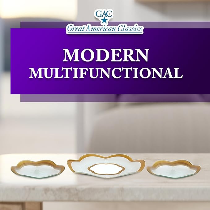 GAC Scalloped Tempered Glass Dessert Plates and Platters - Elegant Dinnerware & Decorative Plates with Gold Trim, Ideal for Serving Food, Special Occasions, and Presents - Set of 3