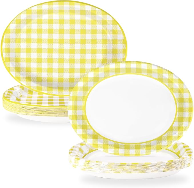 50Pcs Yellow Gingham Oval Paper Plates 10"x12" Large Yellow and White Buffalo Checkered Plaid Plates Disposable Heavy Duty Gingham Party Supplies for Picnic BBQ Baby Shower Birthday Party Decorations