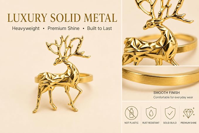 Gold Napkin Rings Set of 12 – Holiday Reindeer Design – Elegant Christmas Table - Image 4