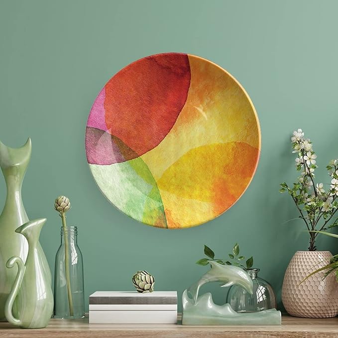 Decorative Plates, Abstract Print Ornament, Watercolor Style in Modern Art Design, 6 Inch, Kitchen Wall Decor, Yellow Orange Lime Green