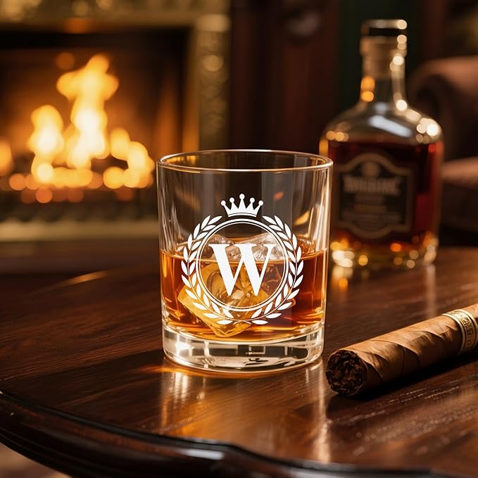 Whiskey Glasses - Rocks Old Fashioned Glass Gifts for Men, Monogrammed A-Z 10oz Personalized Whisky Glasses, Christmas Birthday Gifts for Men Him Dad Father Husband Brother Son (W)