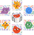 MAYCARI Cartoon Funny Grimace Face Coasters Set of 6 Cork Backed Cute Coasters with Metal Holder Original Ceramic Surface Drink Cup Mats for Tabletop Protection Modern Desk Decoration Birthday Gifts