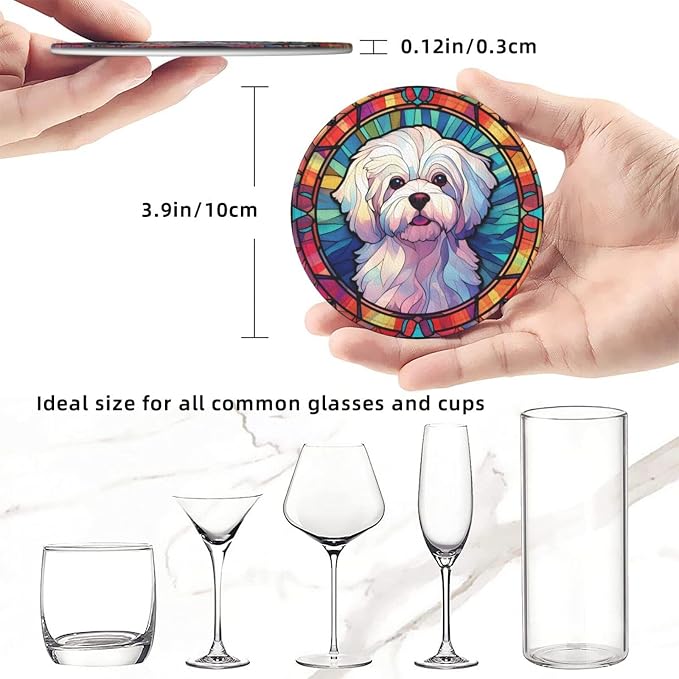 Maltese Stained Dog Breed Glass Art Leather Drinks Coasters - Image 3