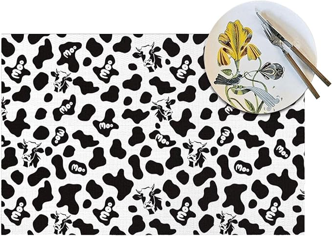 Cow Print Placemats Set of 4 Linen 12"x18" Black White Decorative Place Mats Washable Kitchen Table Mats for Dining Outdoor Farmhouse Home Decor Holiday Party Dining Mat