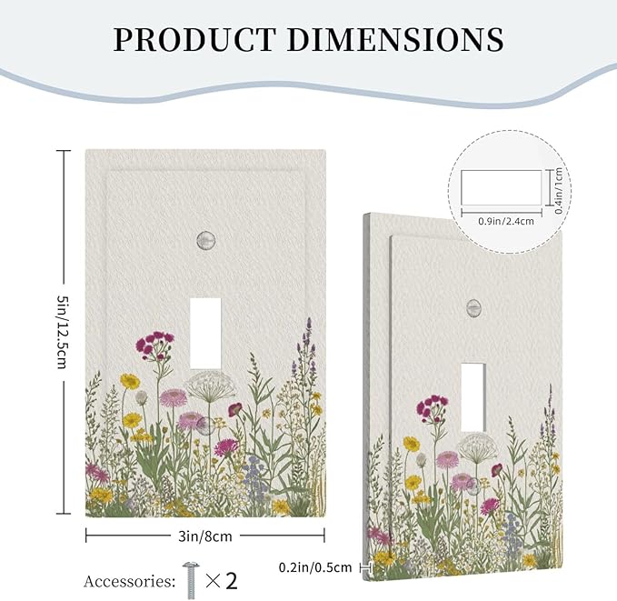 Decorative Light Switch Cover Wildflower Botanical Plant Herbs Flower 1 Gang Wall Plate Cover Single Toggle Outlet Covers Switchplate Electrical Faceplate for Bathroom Livingroom Decor（2 Pack）