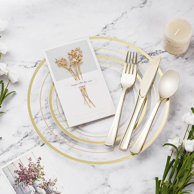 BESTVIP 300PCS Clear Gold Plastic Plate Set (50 Guests), Disposable Dinnerware Set for Party, Wedding, Birthday - 100 Plates, 100 Forks, 50 Spoons, 50 Knives for Christmas