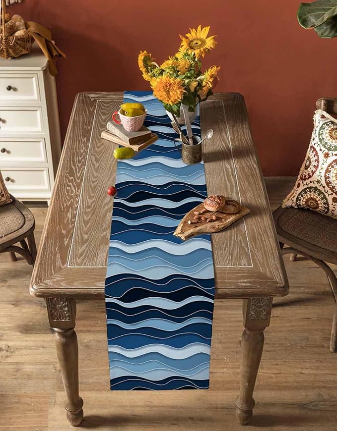 Abstract Blue Moire Table Runners 60 Inches Long, Cotton Linen Fabric Table - Image 4