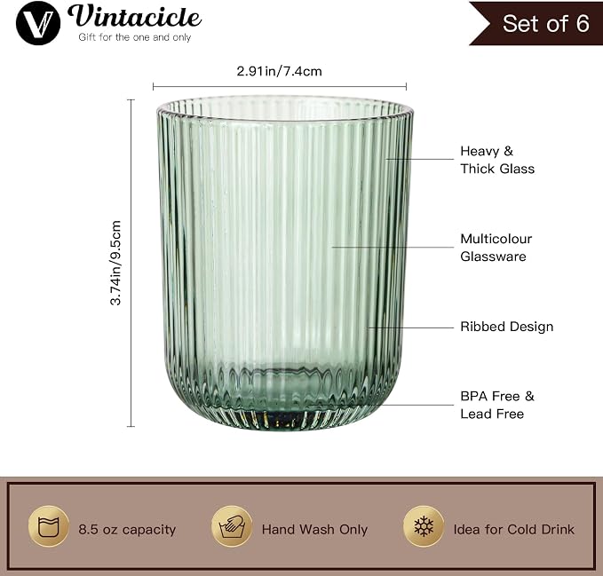 Green Ribbed Highball Glasses Set of 6, 8.5oz Sage Green Vintage Glassware - Image 2