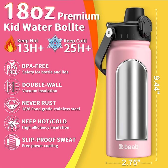 baab 18oz Kids Insulated Water Bottle 18/8 Stainless Steel Kids Cup 1 Pack | - Image 2