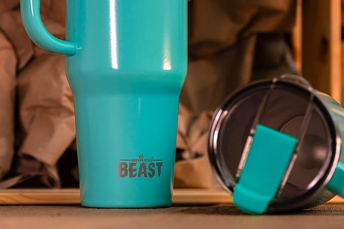 Beast 42 oz Tumbler with Handle Stainless Steel Vacuum Insulated Coffee Ice Cup Double Wall Travel Flask (Aqua Blue)