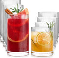 Drinking Water Glass Cups Set, Crystal Clear ribbed Glass set of 8, 17oz&12oz | by LUNAMANTHA