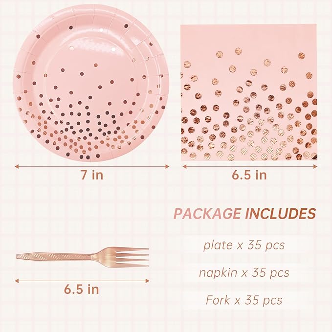 Serve 35 Guests Pink and Rose Gold Plates and Napkins Party Supplies,7 Inch Happy Birthday Pink Paper Plates Disposable for Bridal Showers Birthday Wedding