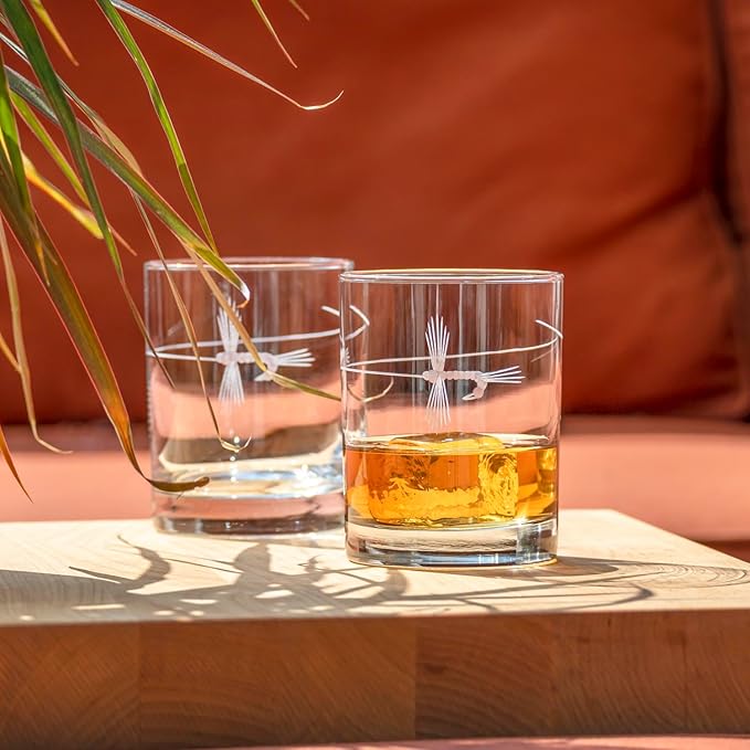 Rolf Glass Fly Fishing Double Old Fashioned Glass | 13oz Engraved Whiskey Tumblers | Set of 2 Lead-Free Crystal Glasses | Made in the US
