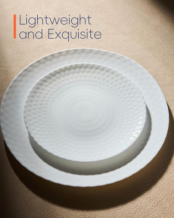 10.5 inch Dinner Plate Set of 6, Round Opal Glass Geometric Faceted White Dinnerware Plates, Dishwasher and Microwave Safe