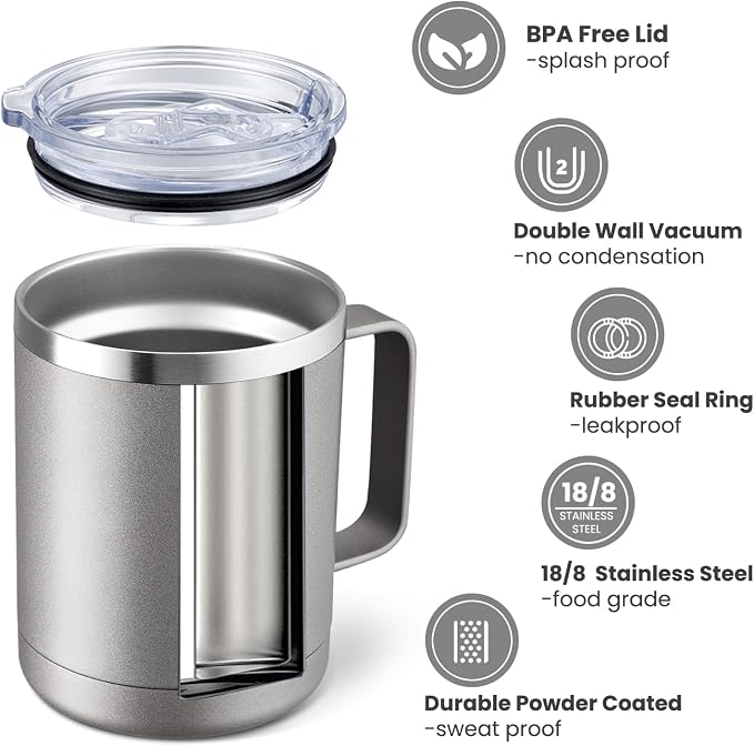 MEWAY 12oz Coffee Mug With Handle and Sliding Lid, Stainless Steel Travel - Image 2