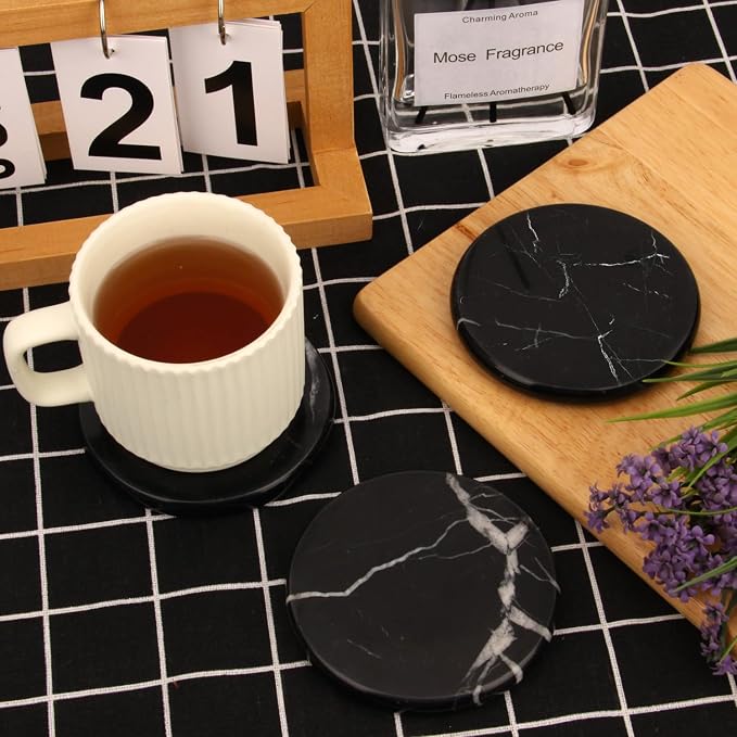 Natural Marble Coasters Set of 4, 4 inch Round, Silicone Anti-Slip Pads - Image 8