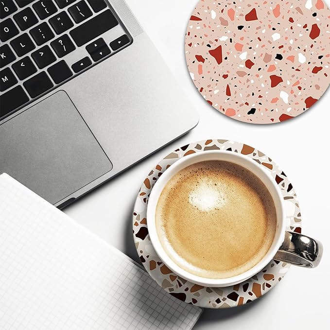 Terrazzo Ceramic Coasters with Holder Set of 6, Colorful Modern Art Absorbent Drink Cup Mat for Coffee Table Protection, 4 Inches Minimalist Artistic Home Kitchen Decor Housewarming Gifts