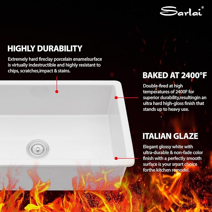 Sarlai 30 Inch White Undermount Sink Fireclay 30x18 Inch White Kitchen Sink Dual Drop in & Undermount Kitchen Sinks Single Bowl Deep Porcelain Ceramic Basin