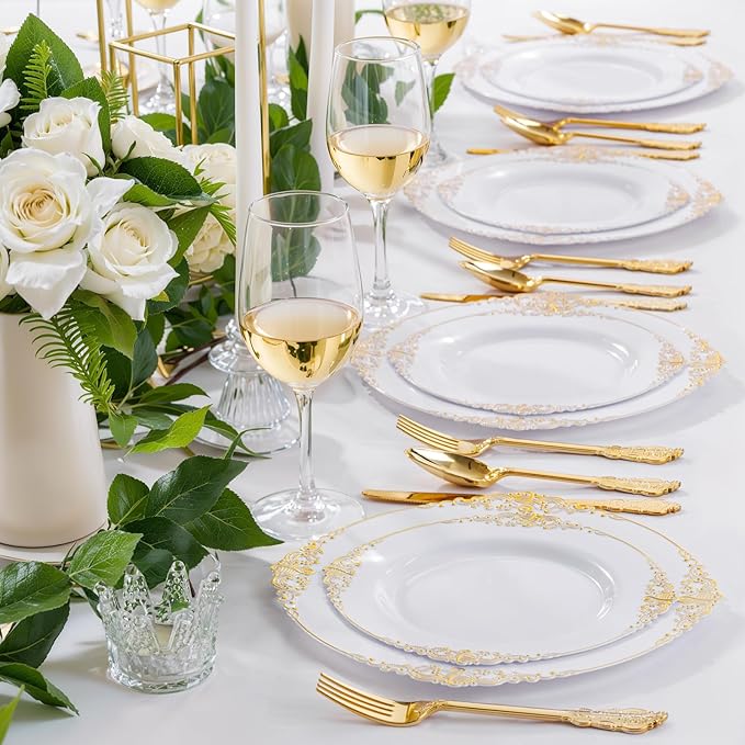 Nervure 100Pcs White and Gold Plastic Plates - 7.5inch Gold Disposable Plates - Heavyweight Plastic Dessert Plate for Wedding & Party