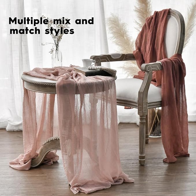 Artoid Mode Boho Cheesecloth Gauze Dusty Rose Wedding Table Runner, 120 Inch - Image 4