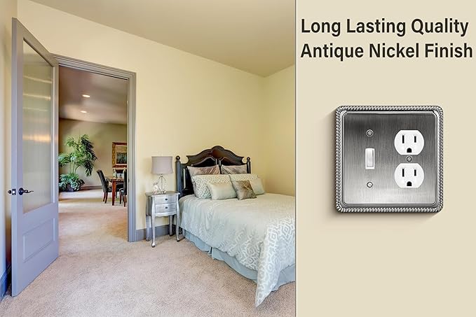 Henne Bery Rope Edge Decorative Wall Plate Switch Plate Outlet Cover (Toggle/Duplex, Heirloom Silver)