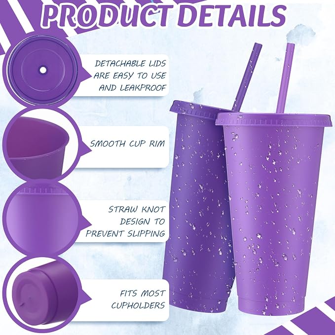 Skylety Plastic Cups with Lids and Straws 24 oz Reusable Tumbler Large Travel - Image 3
