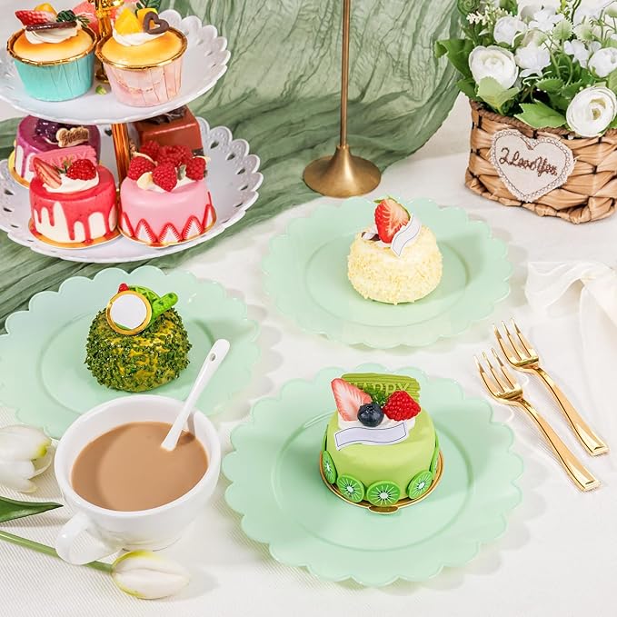 LIYH 200 Pcs Sage Green Plastic Disposable Plates and Gold Forks 7.5 Inch Scalloped Dessert Appetizer Plates, Cake Forks 5" for Wedding Party