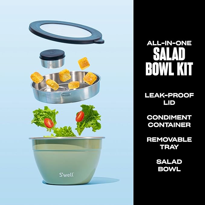 S'well Stainless Steel Salad Bowl Kit 64oz, Mountain Sage, Comes - Image 2